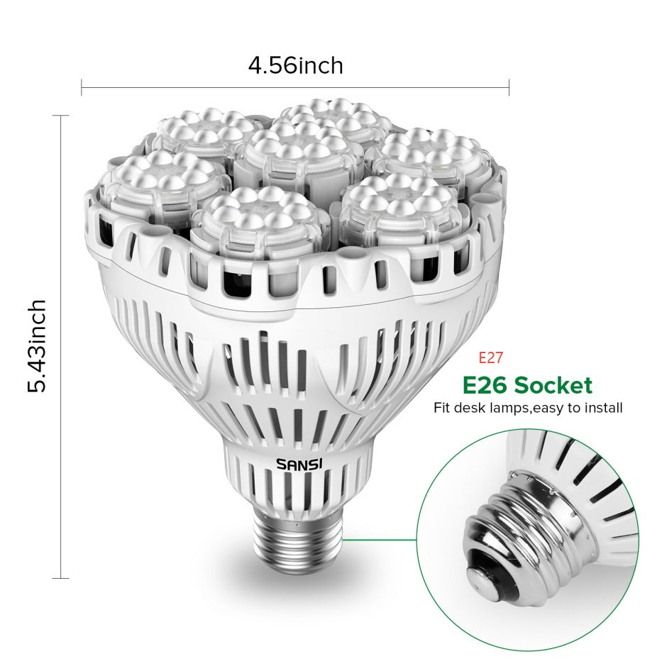 LED bulb with dimensions and socket type on a white background
