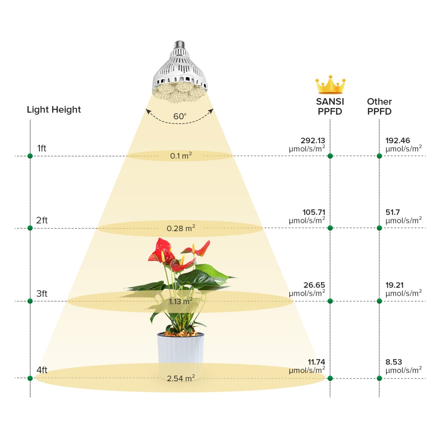 Diagram showing the light distribution of a grow light with a plant underneath, labeled with measurements and PPF values.