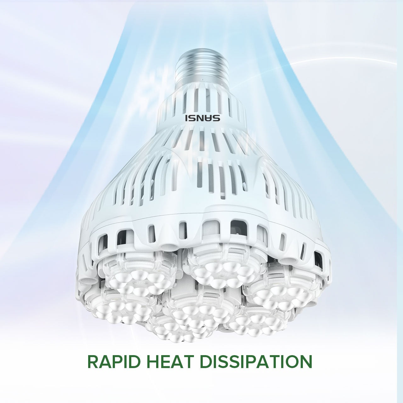 LED light bulb with 'SANSI' branding and text 'RAPID HEAT DISSIPATION'