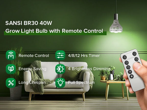 SANSI BR30 40W Grow Light Bulb with Remote Control in a room setting.