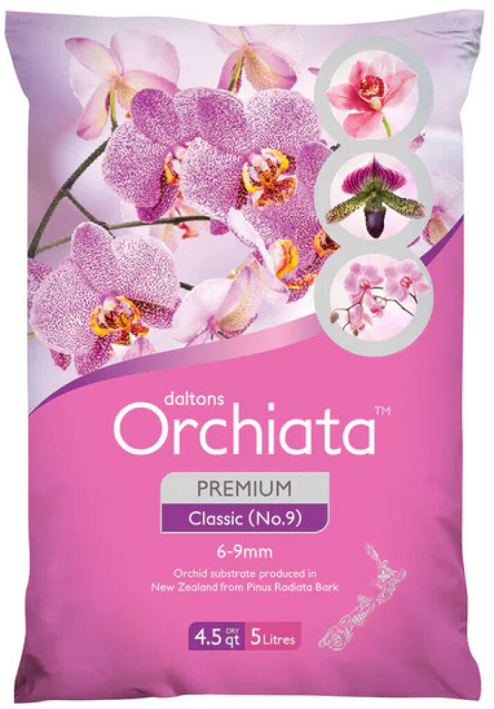 Dultons Orchiaita orchid substrate packaging with orchid images on a pink background