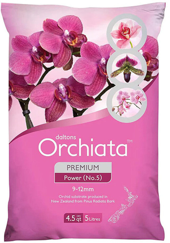 Pink packaging of dalttons Orchiata orchid substrate with images of orchids on a pink background.
